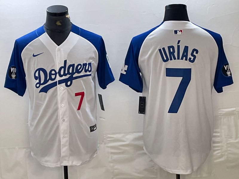 Men Los Angeles Dodgers 7 Urias White blue Fashion Nike Game MLB Jersey style 2